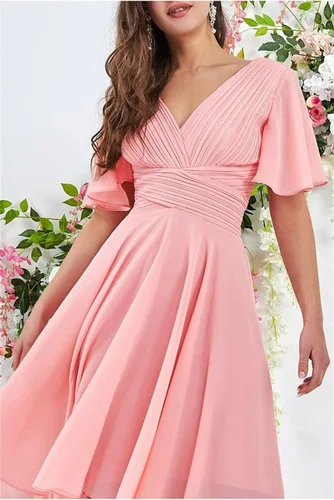 Vista 4 de TORYEMY Vestidos de dama de honor para mujer, vestidos formales plisados de gasa con cuello en V