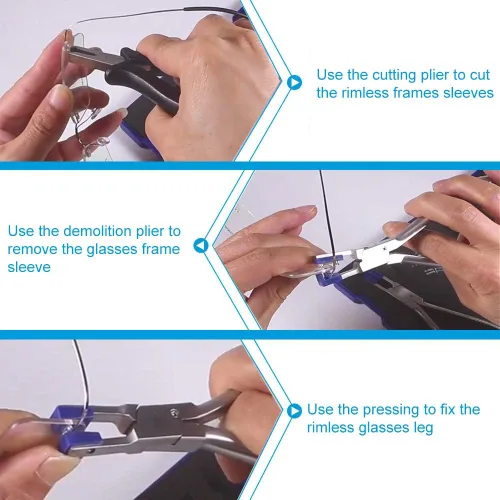Vista 4 de Kit óptico de lentes sin marco, siluetas de marco de gafas, alicates para gafas, alicates para gafas, alicates profesionales, juego de alicates