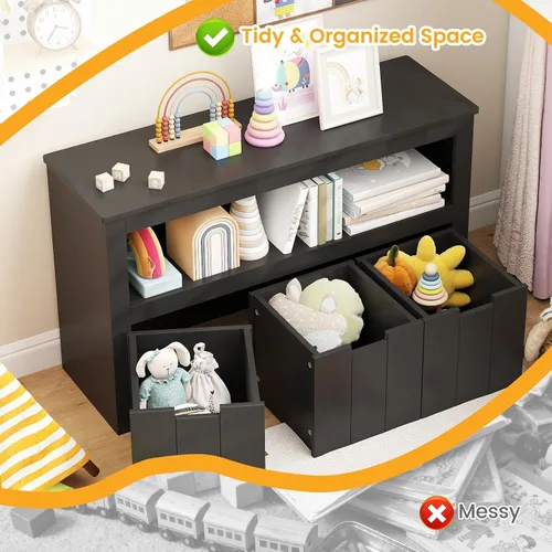 Vista 8 de HONEY JOY Organizador de almacenamiento de juguetes para niños, estante de guardería para niños, 3 cajas de juguetes de madera con ruedas, armario