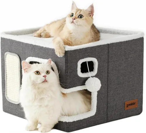 Vista 9 de ZOMISIA Casa térmica para gatos de interior – Cama grande de calentamiento para gatos para invierno con bola esponjosa colgante y almohadilla