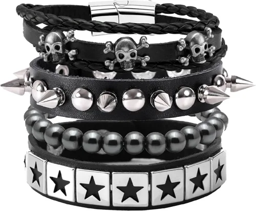 Vista 7 de MILAKOO Juego de 4 pulseras de estilo gótico con hebilla de calavera y estrella, ajustable, joyería punk vintage