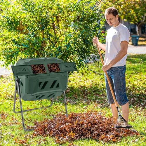 Vista 2 de Goplus Contenedor de compostaje de doble cámara para exteriores de 42 galones con 2 puertas corredizas, marco de metal resistente, compostador