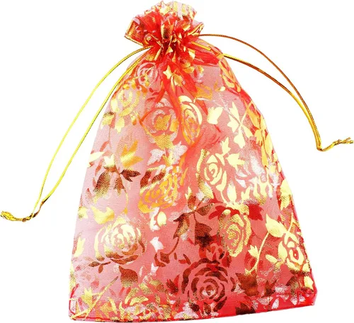Vista 11 de QIANHAILIZZ 5 x 7 pulgadas 100 piezas corazón flor organza joyería bolsa de regalo bolsa de caramelo bolsa cordón boda favor bolsas P835