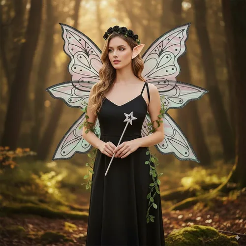 Vista 3 de Alas grandes de hadas doradas para adultos, alas transparentes y brillantes, disfraz de hada de mariposa, disfraz de Halloween, alas de ángel