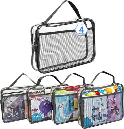 Vista 12 de Juego de 4 bolsas de almacenamiento de juguetes con cremallera para niños y niñas, bolsas organizadoras grandes de PVC con bolsillos laterales