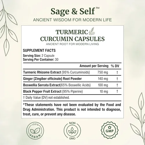 Vista 3 de Sage & Self Cápsulas de curcumina de cúrcuma – 95% extracto de curcumina con jengibre, boswellia y pimienta negra – 1000 mg por porción – Suplemento