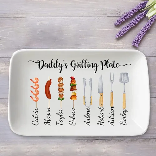 Vista 4 de Plato personalizado para asar para el día del padre, platos personalizados para papá, bandeja rectangular para servir barbacoa con nombres