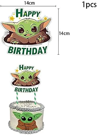 Vista 3 de Suministros de recuerdo de fiesta de Baby Yoda, decoraciones de cumpleaños para fiesta de bebé Yoda incluyen pancarta, adorno para pastel y globos