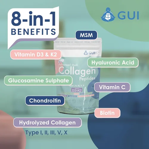 Vista 4 de 8in1 Advanced Multi Collagen Peptides, 16 oz – Proteína hidrolizada Tipo I, II, III, V, X con vitamina D3 y K2, ácido hialurónico, biotina