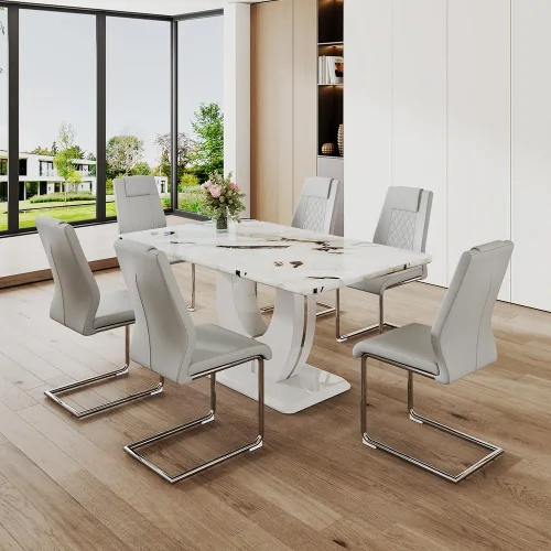 Vista 10 de JUFU Mesa de comedor de mármol sintético blanco para 6, con 6 sillas de comedor tapizadas de cuero PU