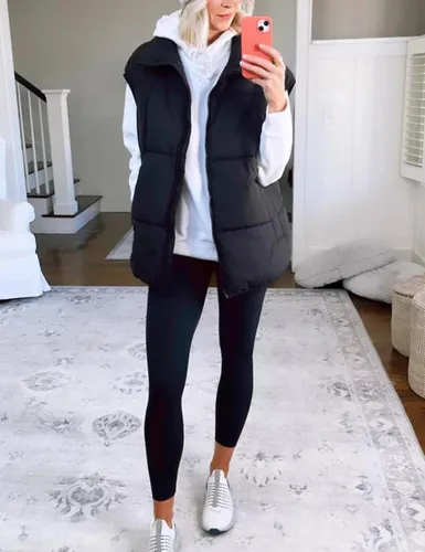 Vista 7 de APAFES Chaleco acolchado de invierno para mujer, ligero, cuello alto, manga corta, acolchado, con bolsillos