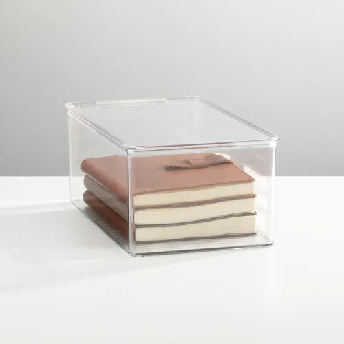 Vista 2 de mDesign Caja organizadora de almacenamiento apilable de plástico para oficina en casa con tapa de bisagra, contenedor para blocs de notas