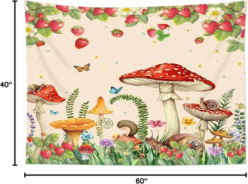 Vista 8 de HVEST Tapiz retro rojo de hongos para colgar en la pared, diseño floral rosa con fresa y mariposa en beige, tapiz para dormitorio, flores, plantas
