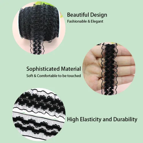 Vista 5 de Cinta de encaje elástica negra con volantes de 20 yardas para coser de 1 pulgada de organza de doble onda, ajuste de encaje, ropa y ropa