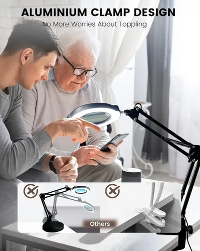 Vista 6 de TANYO 10X Magnifying Glass with Light, LED Magnifier Light with Clamp 5 Color Modes, Stepless Dimmable, Real Glass Lens, Hands Free, Close Work