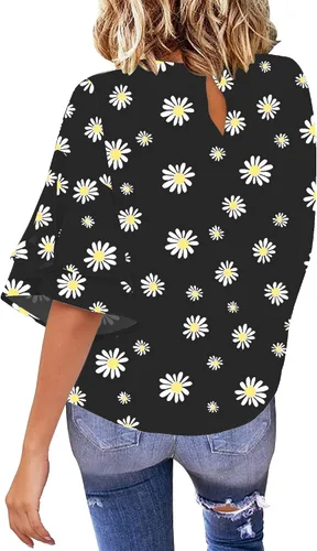 Vista 2 de luvamia Blusa casual de manga acampanada de 34 con cuello redondo para mujer
