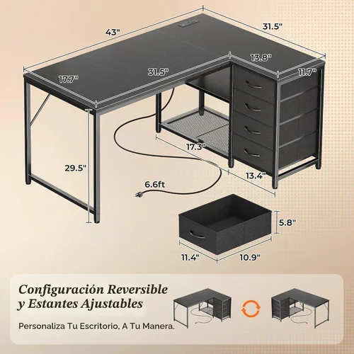 Vista 2 de PRAISUN Escritorio pequeño para computadora de 43.3 pulgadas con tomas de corriente y puerto USB-C, escritorio esquinero reversible en forma de L