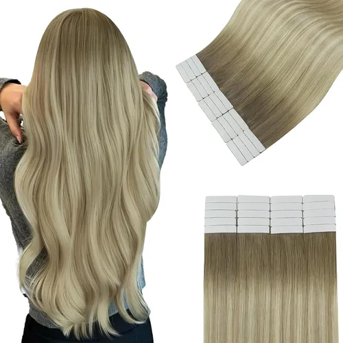 Vista 24 de Easyouth Extensiones de cabello humano rubio con cinta, extensiones de cabello humano rubio blanco, 12 pulgadas, 20 unidades, 1.06 onzas, para Una