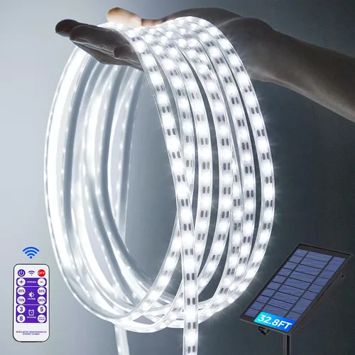 Vista 9 de Tira de luces solares impermeables para exteriores, 16.4 pies, 300 luces LED solares y alimentadas por USB, con control remoto, tiras LED blancas