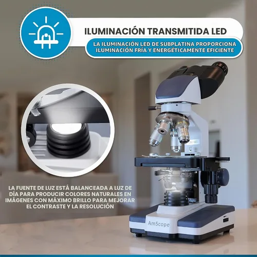 Vista 6 de AmScope B120C Siedentopf microscopio binocular compuesto, aumento de 40X-2000X, iluminación LED, condensador Abbe, plataforma mecánica de doble capa.