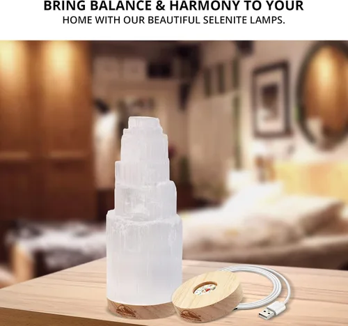 Vista 8 de Himalayan Glow Lámpara de cristal selenita de 7.9 in, grande, curvada a mano, con base de madera (certificado ETL) y cable de carga USB