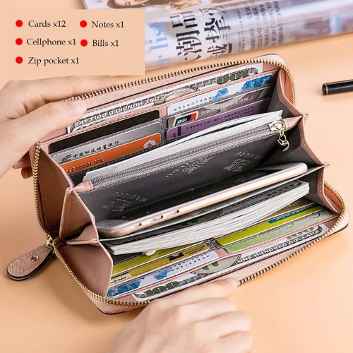 Vista 4 de Cartera para mujer cartera grande para teléfono celular bolsillo largo para tarjetas monedero monedero bloqueo RFID con cremallera bolso de mano