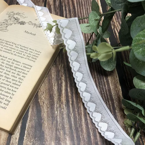 Vista 6 de Ribete de encaje elástico de 1 pulgada, cinta de encaje con patrón de corazón de 10 yardas de largo, ribete de encaje blanco para proyectos