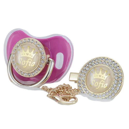 Vista 16 de Juego de Chupete y Clip Personalizado con Cualquier Nombre, Bling Oro Plata, 18 Colores, Libre de BPA, Diseño Único Lujoso, Chupete Ideal para Bebé