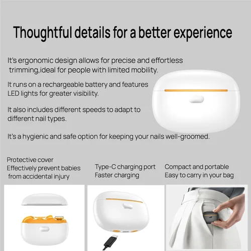 Vista 8 de Cortaúñas eléctrico recargable para bebés, amoladora con luz LED y receptor antisalpicaduras, lima de uñas eléctrica ultra silenciosa para bebés