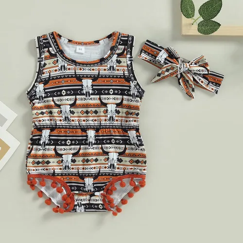 Vista 2 de Karuedoo Ropa occidental para bebé niña, con estampado de vaca, sin mangas, con pompones, traje de una pieza con diadema