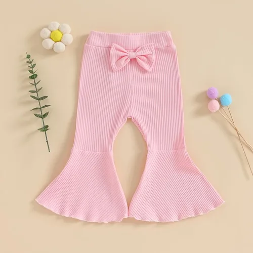 Vista 2 de Pantalones acampanados para bebé, color sólido, acanalados, elásticos, acampanados, lindos pantalones largos con lazo para niños pequeños