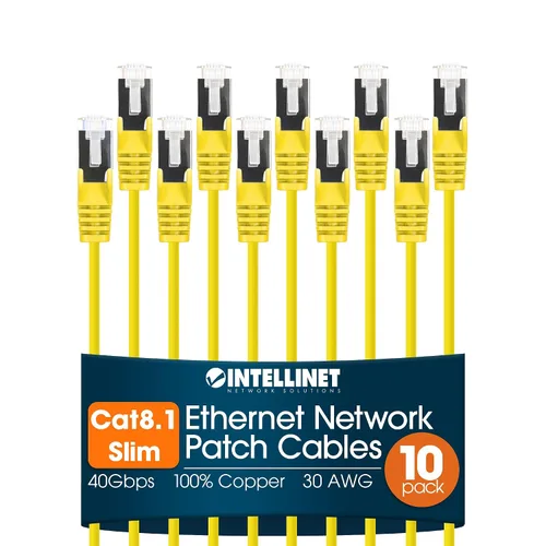 Vista 10 de Intellinet - Cable Ethernet Cat8.1 Slim U/FTP RJ45, paquete de 10 unidades Negro