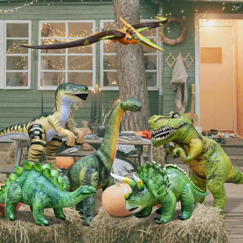Vista 5 de Jet Creations Paquete de 6 inflables de dinosaurio – T-Rex, Brachiosaurus, Triceratops, Stegosaurus, Raptor y Pteranodon, 43 pulgadas + decoraciones