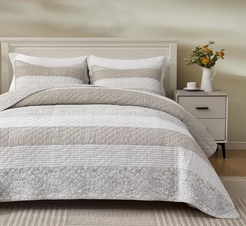 Vista 14 de Chezmoi Collection Caleb - Juego de edredón de 2 piezas con diseño floral a cuadros en gris apagado, blanco y marfil, rectangular, prelavado