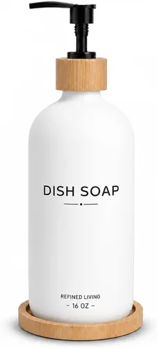 Vista 13 de Dish Soap Dispenser, 16 OZ Glass Kitchen Soap Dispenser with Bamboo Pump and Tray, Refillable Hand Soap Dispenser for Kitchen Countertop, Modern