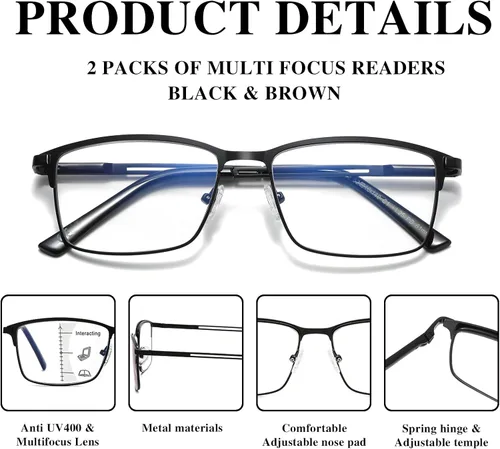 Vista 5 de LKEYE Gafas de lectura progresivas multienfoque para hombre, sin línea, transición, multifocal, luz azul, lentes de marco ancho de metal