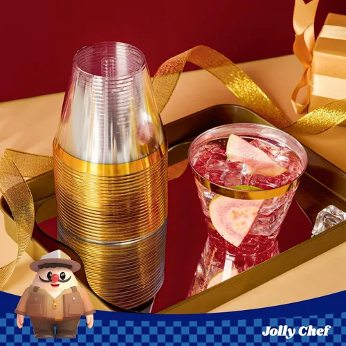 Vista 7 de JOLLY CHEF Paquete de 100 Vasos de Plástico Dorado, Tumblers de Plástico Transparente de 9 oz, Elegantes Vasos con Borde Dorado, Vasos Desechables