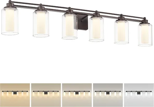 Vista 8 de HWH - Lámpara de tocador cromada con 5 luces sobre espejo, lámpara de pared moderna para baño, 37 pulgadas, acabado cromado, 5HLT63B-5W CH