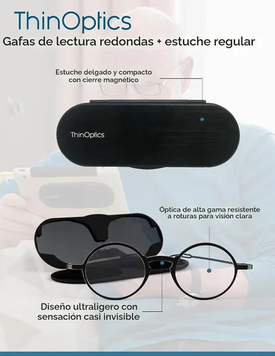 Vista 2 de ThinOptics Frontpage Manhattan - Gafas de lectura y funda de aluminio Milano, Marrón Estuche regular/marrón redondo