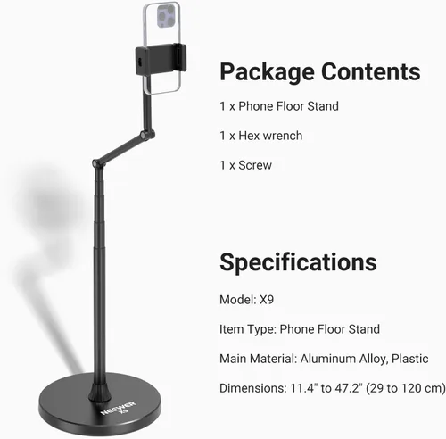 Vista 7 de NEEWER Soporte de piso para teléfono, versión de nivel de entrada, ajustable para mesa de oficina, mesita de noche, soporte para teléfono celular