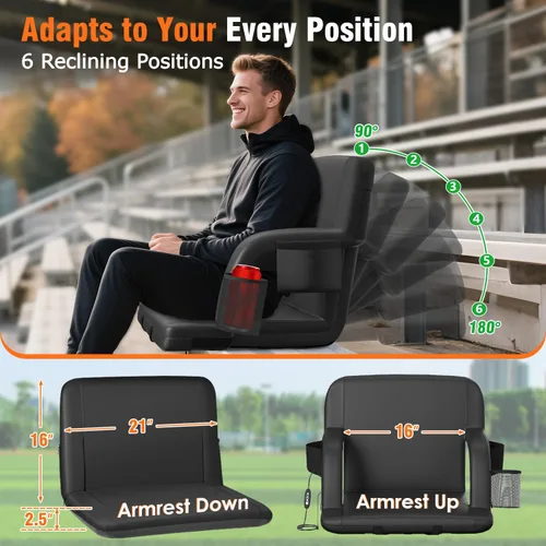 Vista 2 de Suteck Dual-Side Heated Stadium Seats with Back Support, Wide Portable Stadium Chair, Foldable Bleacher Chair W/USB 3-Level Heating, 5 Storage