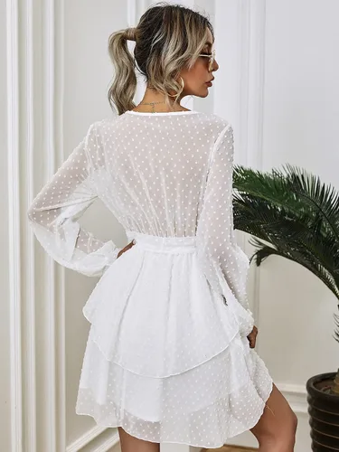Vista 2 de MakeMeChic Vestido de manga obispo con cinturón de punto suizo para mujer