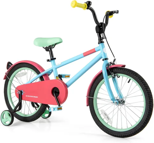 Vista 15 de BABY JOY Bicicleta infantil de macarones coloridos, de 12, 14, 16 y 18 pulgadas, bicicleta deportiva para niños con ruedas de entrenamiento