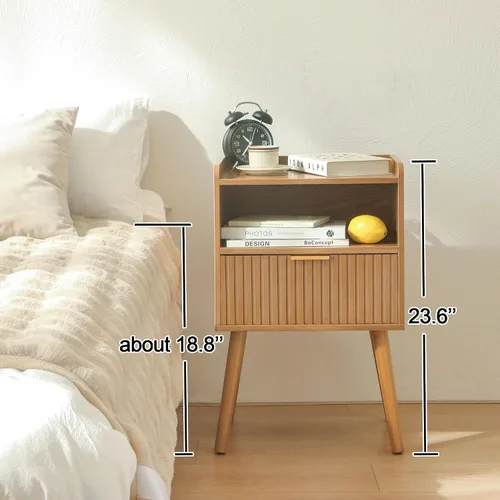 Vista 3 de AWASEN Mesita de noche acanalada, mesita de noche moderna de mediados de siglo con cajones de almacenamiento, mesita de noche de madera maciza