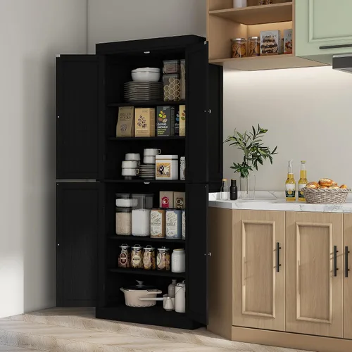 Vista 2 de HOMCOM Gabinete alto de la despensa de cocina de 72,5" grano de madera Fibras de madera negra