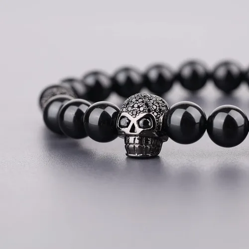 Vista 6 de COAI Pulsera de piedra de obsidiana brillante de plata con calavera