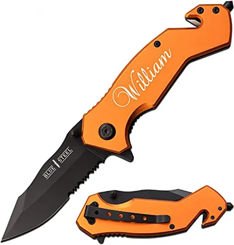 Vista 11 de GIFT INFINITY Navaja de bolsillo personalizada con grabado gratuito – Hoja de acero inoxidable media serrada, mango recubierto de titanio negro
