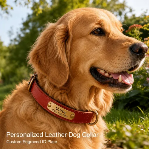 Vista 2 de Collar de cuero para perro personalizado y juego de correa, personalizado con diseño acolchado suave y resistente con placa de nombre grabada