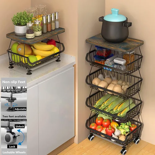 Vista 3 de Cestas de almacenamiento de cocina de 5 niveles con ruedas, cestas de metal para frutas y verduras, carrito de almacenamiento para despensa, carrito