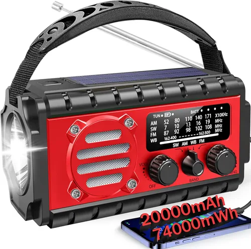 Vista 8 de Aivica Radio de Emergencia de 20000mAh, Radio Meteorológica SW/NOAA/AM/FM, Cargador de Manivela Solar con Batería Grande, Portátil, Carga